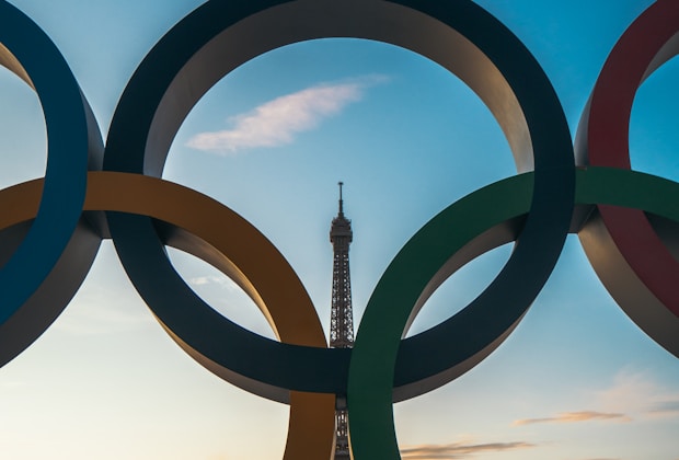 Paris, the olympic rings in front of the eiffel tower