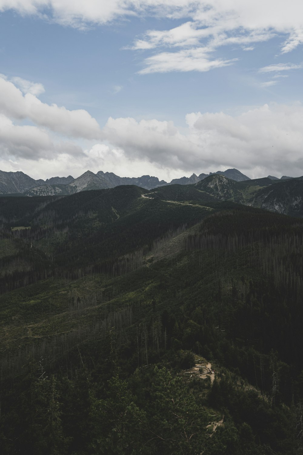 a view of a mountain range with trees and mountains in the background