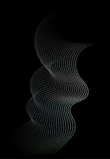 A complex wave-like structure made of countless small dots forming a flowing pattern against a solid black background. The dots are arranged in a series of curved lines that create an illusion of depth and motion.