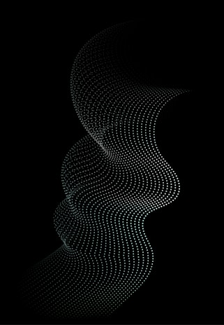 A complex wave-like structure made of countless small dots forming a flowing pattern against a solid black background. The dots are arranged in a series of curved lines that create an illusion of depth and motion.
