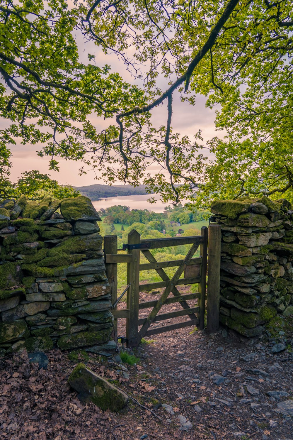 a stone wall and gate in the countryside