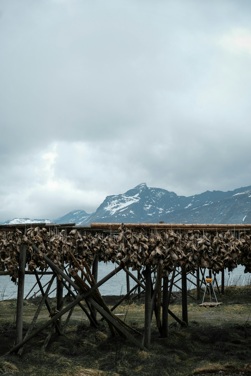 a wooden structure with a mountain in the background