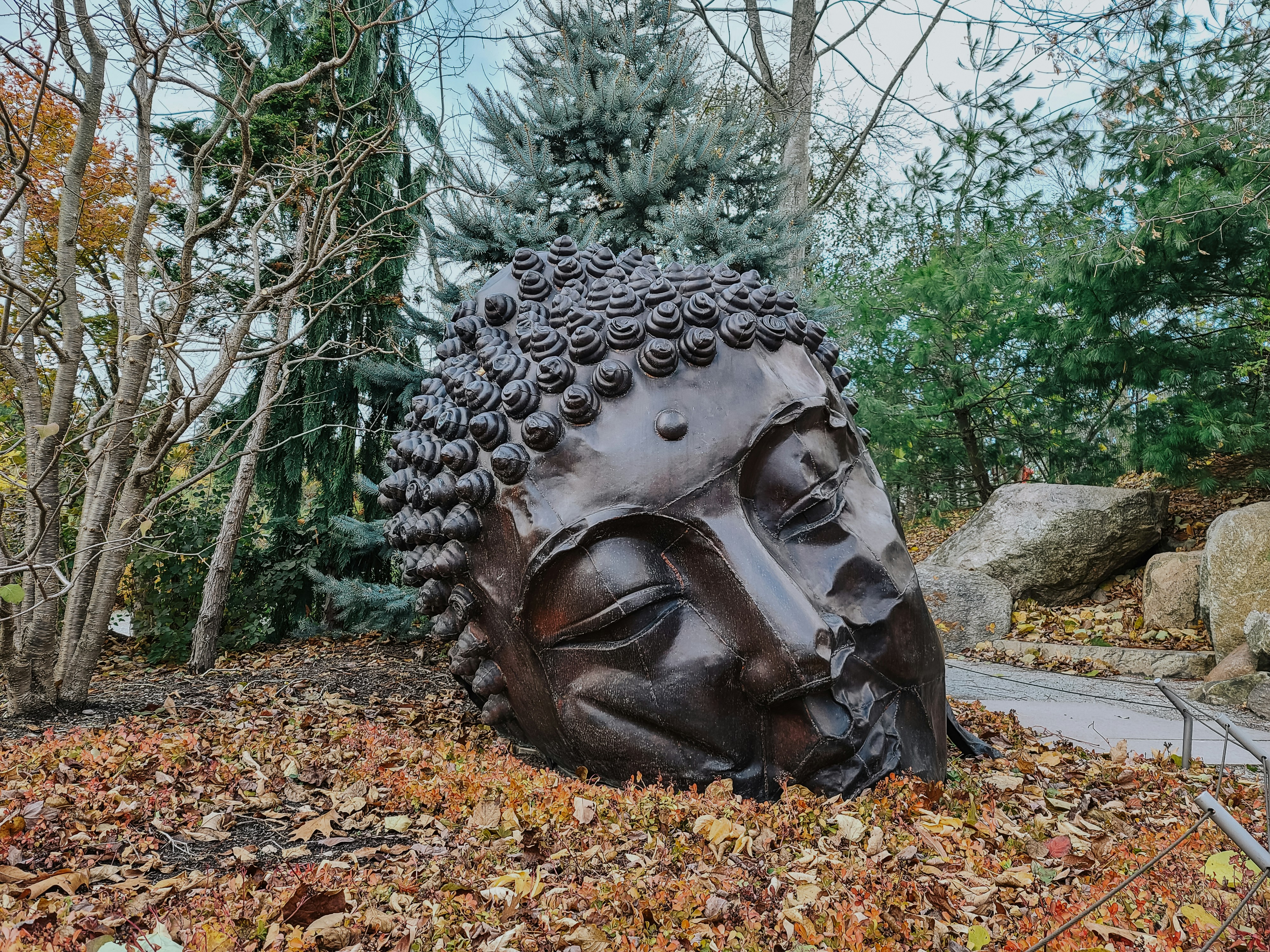 a statue of a buddha head surrounded by leaves