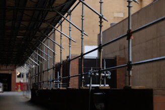 Close-up of metal scaffolding joints showing sturdy construction