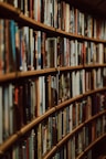 Bookshelves filled with colorful published novels in a warm-lit room.