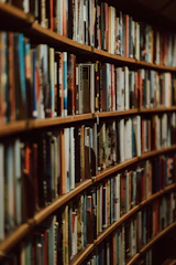 Volunteers organizing books and chatting in a cozy community library.