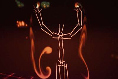 A digital illustration resembling a stylized human figure made of glowing lines against a dark background. The figure appears to be raising its arms, with abstract, flame-like shapes surrounding it.
