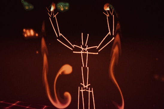 A digital illustration resembling a stylized human figure made of glowing lines against a dark background. The figure appears to be raising its arms, with abstract, flame-like shapes surrounding it.