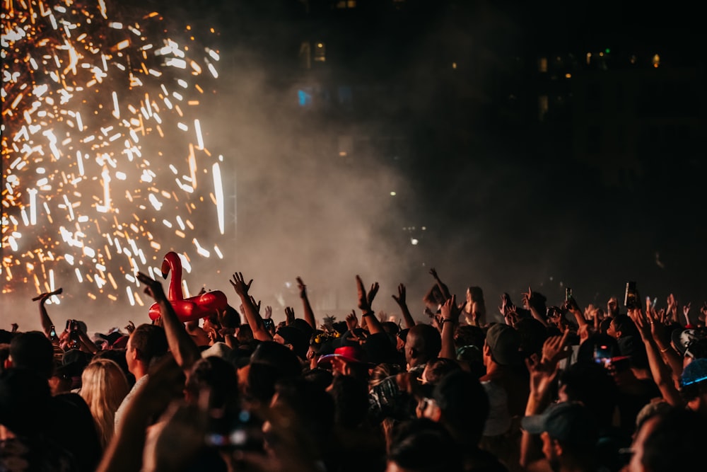 a crowd of people at a concert with their hands in the air