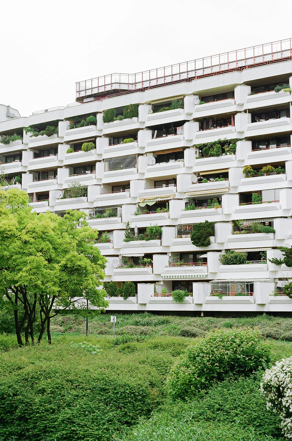 a tall white building with plants growing on the balconies