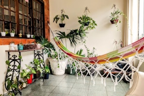 A cozy indoor setting with a model lounging in a hammock, wearing a crochet top and layered necklaces.