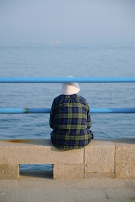 a person sitting on a ledge looking out at the water