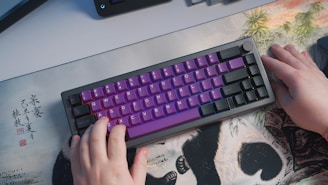 Customer happily using a Yan Chuen Co keyboard in a cozy home office setting.