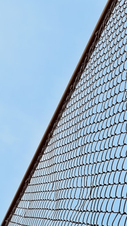 A chain-link fence diagonally spans across the image against a clear blue sky. The metal links create a repetitive pattern, contrasting with the simplicity of the background.