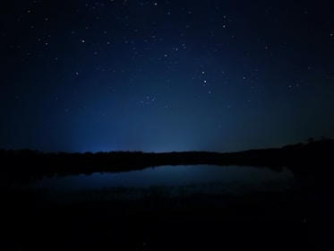 A serene night sky filled with stars and constellations over a calm horizon.