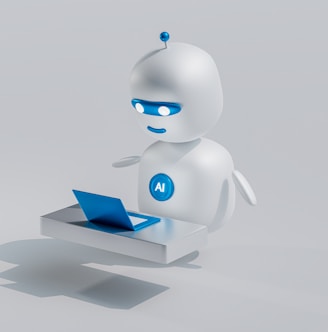 a white chatbot robot with blue eyes and a laptop