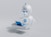 A small, round robot with a smooth white surface and blue accents operates a blue laptop on a sleek, floating platform. The robot has glowing eyes and an antenna on its head, with an 'AI' emblem on its front.