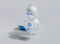 a white robot with blue eyes and a laptop