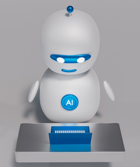 A small, white humanoid robot with blue accents, including eyes, mouth, and a circular badge with the letters 'AI' on its chest, is positioned in front of a blue laptop on a metallic surface. The robot has a simple, smooth design with two cylindrical arms and a small antenna on top.