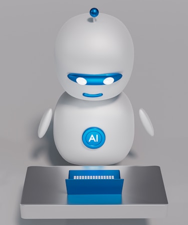 A small, white humanoid robot with blue accents, including eyes, mouth, and a circular badge with the letters 'AI' on its chest, is positioned in front of a blue laptop on a metallic surface. The robot has a simple, smooth design with two cylindrical arms and a small antenna on top.