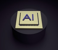 A 3D rendering of a microchip with the letters 'AI' prominently displayed on its surface, set on a dark, circular platform.
