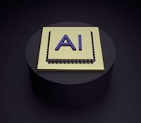 A 3D rendering of a microchip with the letters 'AI' prominently displayed on its surface, set on a dark, circular platform.
