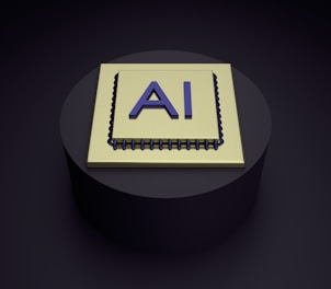 A 3D rendering of a microchip with the letters 'AI' prominently displayed on its surface, set on a dark, circular platform.