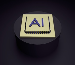 A 3D rendering of a microchip with the letters 'AI' prominently displayed on its surface, set on a dark, circular platform.