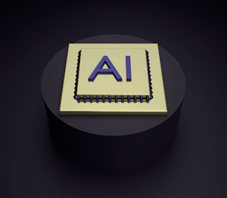 A 3D rendering of a microchip with the letters 'AI' prominently displayed on its surface, set on a dark, circular platform.