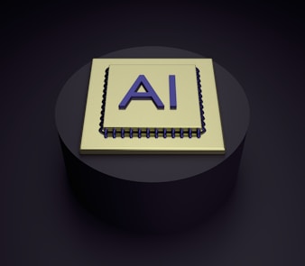 A 3D rendering of a microchip with the letters 'AI' prominently displayed on its surface, set on a dark, circular platform.