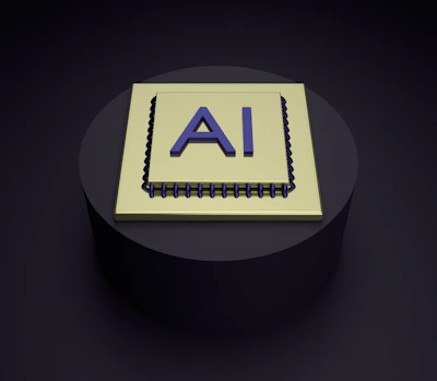 Close-up of a glowing quantum chip with AI circuitry in a futuristic lab setting.