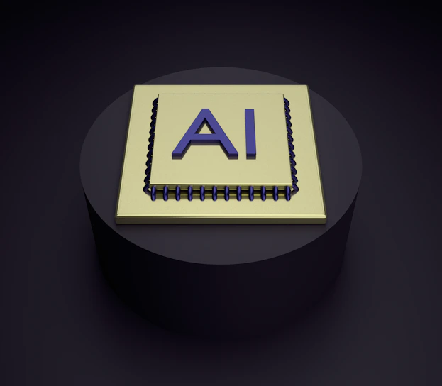 A 3D rendering of a microchip with the letters 'AI' prominently displayed on its surface, set on a dark, circular platform.