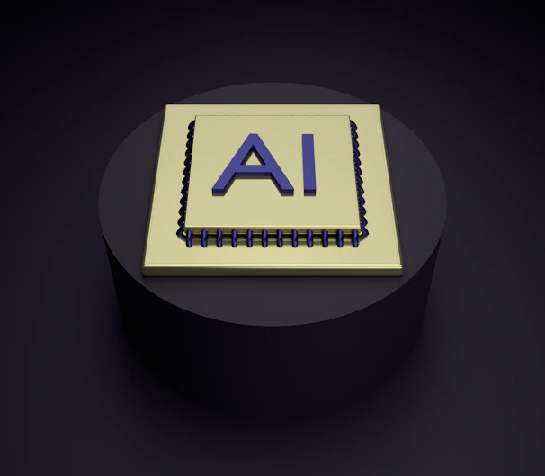 A 3D rendering of a microchip with the letters 'AI' prominently displayed on its surface, set on a dark, circular platform.