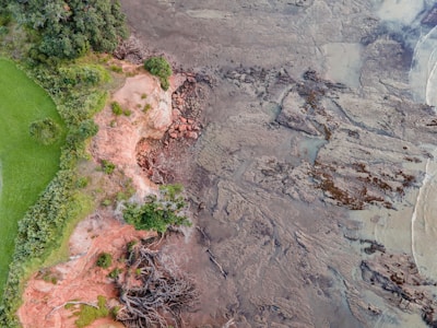 An aerial view of a coastal landscape featuring lush green vegetation on the left and a stretch of reddish-brown earth that transitions into a wide expanse of muddy, rocky terrain. The area appears to be a mix of rich greenery and eroded soil bordering a flat tidal zone.