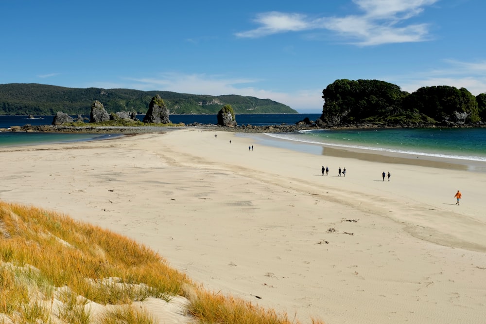 um grupo de pessoas em pé no topo de uma praia de areia