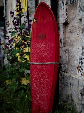 A vibrant red surfboard is propped up against a textured stone wall. The surfboard features a small design or logo near the top and appears weathered with white markings. Lush green foliage and purple flowers surround the base of the surfboard, adding a natural element to the urban setting.