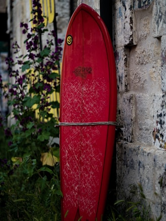 A vibrant red surfboard is propped up against a textured stone wall. The surfboard features a small design or logo near the top and appears weathered with white markings. Lush green foliage and purple flowers surround the base of the surfboard, adding a natural element to the urban setting.