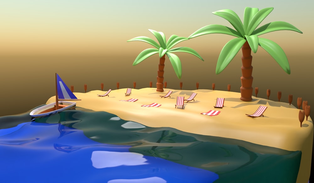 a computer generated image of a beach with chairs and palm trees