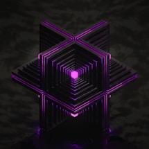 A sleek, glowing molecular structure in purple and blue hues floating against a dark violet gradient background.