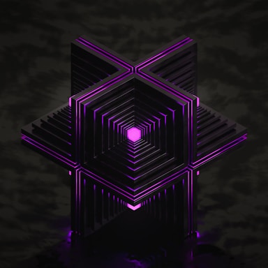 A sleek, glowing molecular structure in purple and blue hues floating against a dark violet gradient background.