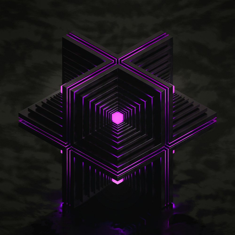 a purple hexagonal object on a black background