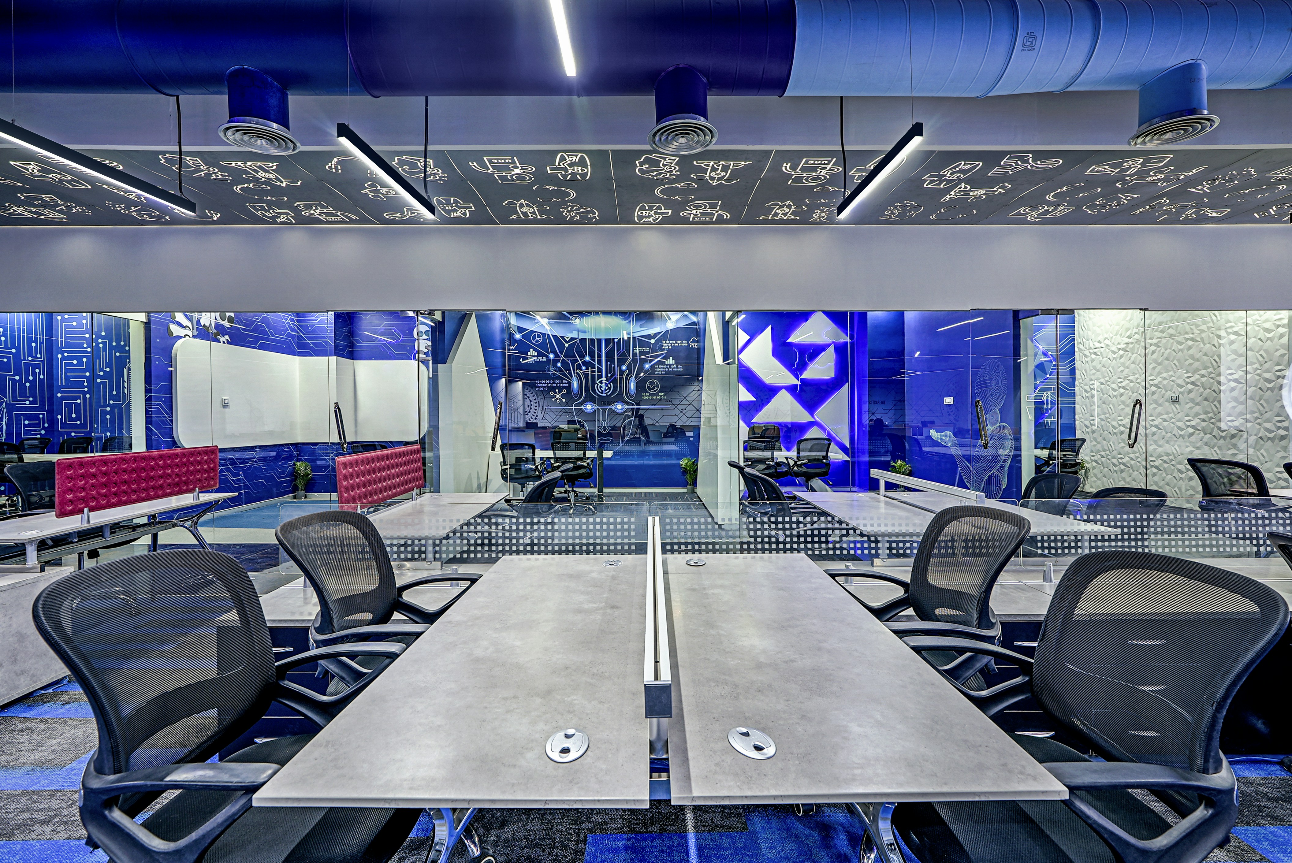 Modern Blue Apple Cloud Technologies office space with collaborative workstations and advanced technology infrastructure