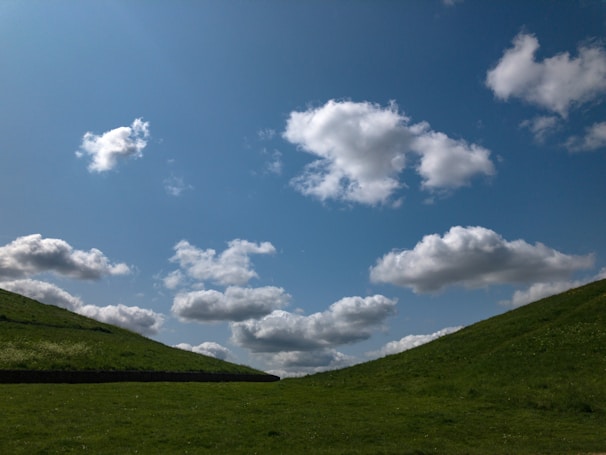Rolling green hills under a bright blue sky, perfect for a peaceful wordscape session.