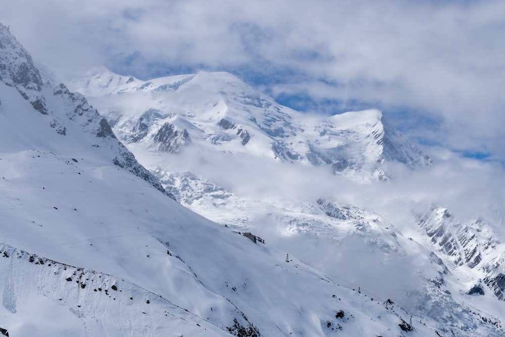 a mountain covered in snow under a cloudy sky