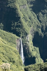 a waterfall in the middle of a lush green valley