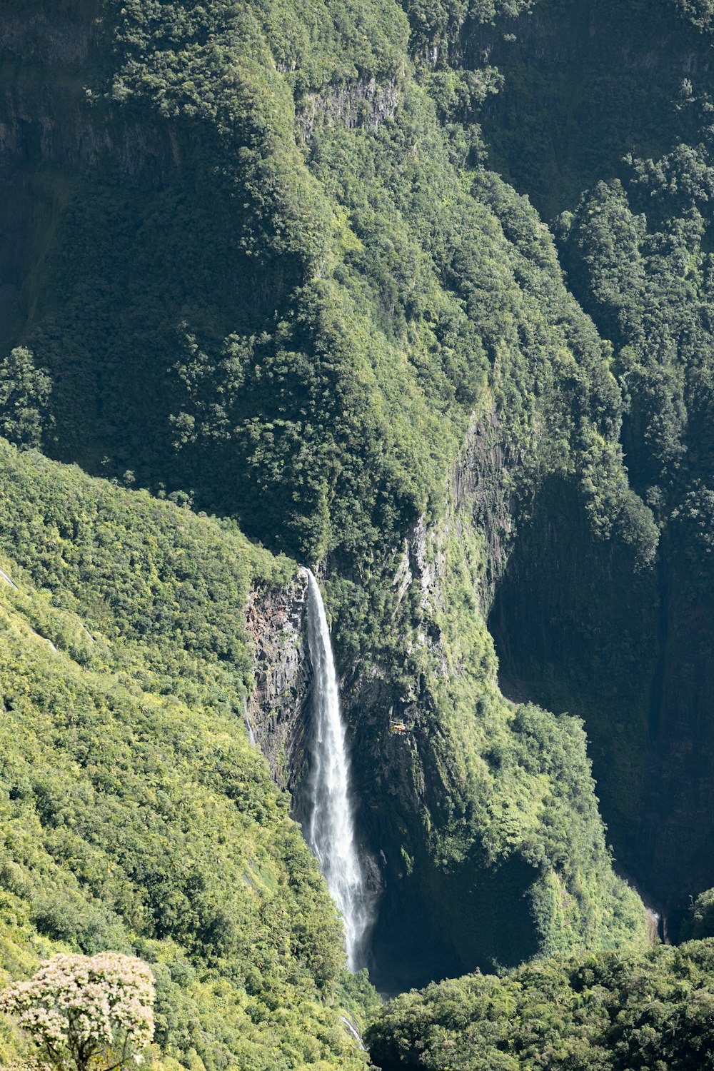 a waterfall in the middle of a lush green valley