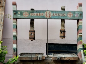 A vintage wooden wine press with decorative elements and painted inscriptions stands against a muted wall background. The structure features large screws and platforms for pressing, with striped patterns in faded colors. Surrounding plants add a natural, rustic feel.