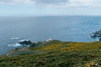 a scenic view of the ocean with a lighthouse in the distance