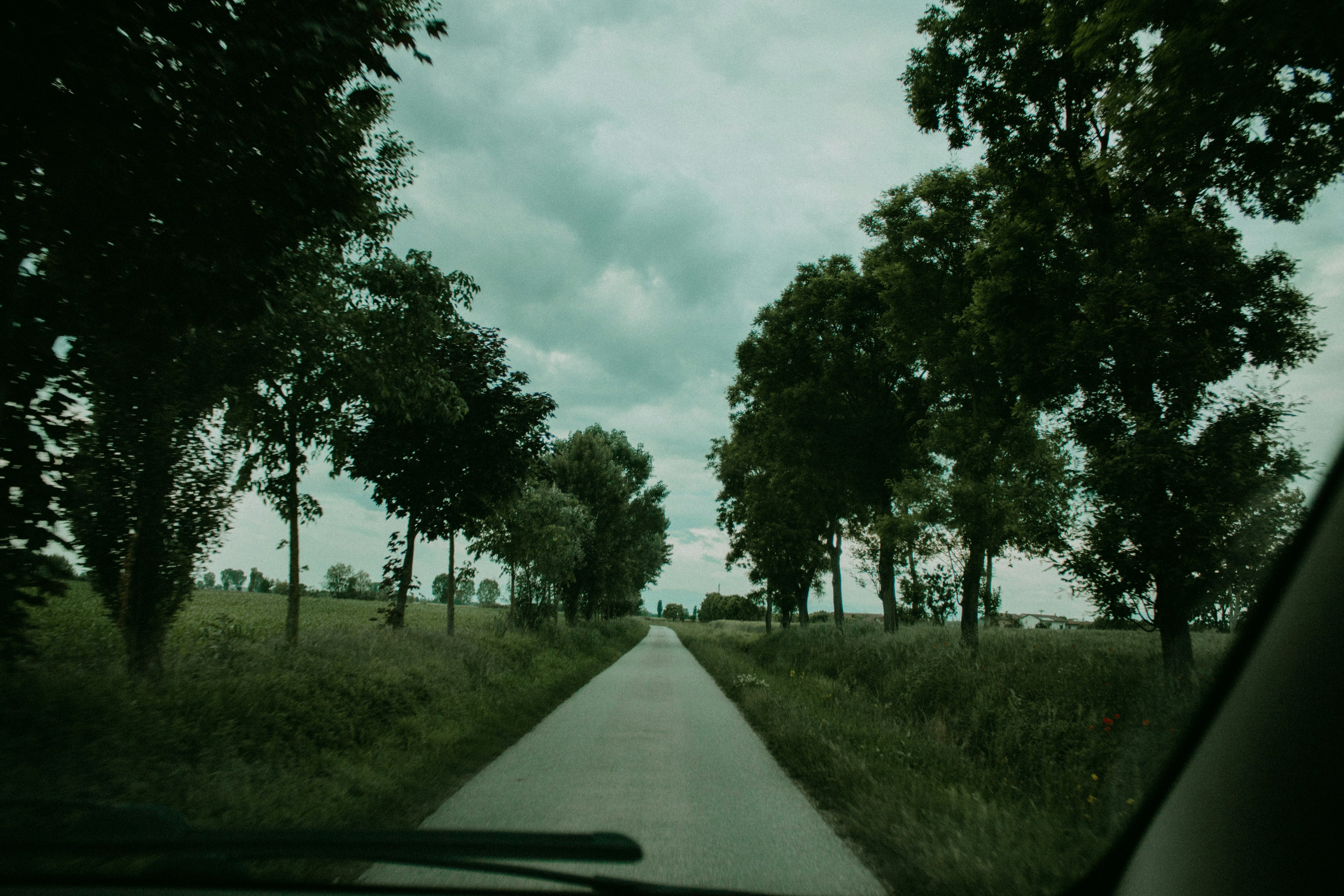 a view of a road from inside a car