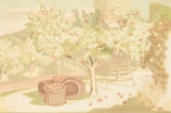 An apple orchard scene with ripe apples hanging from the trees. Woven baskets filled with apples are placed on the ground. A ladder leans against one of the trees. The setting is bright and pastoral, with light green and pastel hues dominating the scene. In the background, there are more trees and foliage, suggesting a large orchard or grove.